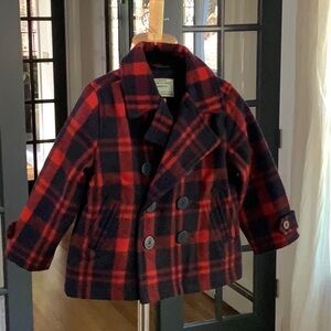 2T Janie and Jack Wool Peacoat EUC Red and Dark Navy Lined with Anchor Buttons